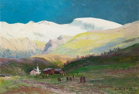 RODA LEONARDO Racconigi (CN) 1868 - 1933 "Paesaggio con chiesa" 32x48 olio su...