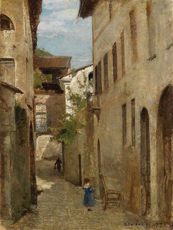 CALDERINI MARCO Torino 1850 - 1941 "Strada di paese" 1877 35x25 olio su...