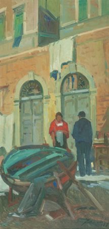 Piero Marchi Conversazione Olio su faesite, cm. 60x30 Firmato in basso a...