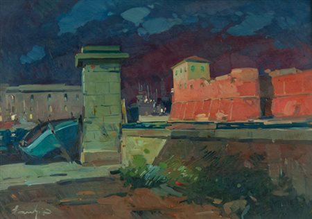 Piero Marchi Notturno - Darsena Olio su faesite cm. 70x50 Firmato in basso a...