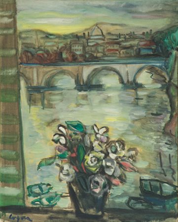 Antonio Corpora Vaso di fiori su balcone con vista su Ponte Sisto, 1937 Olio...