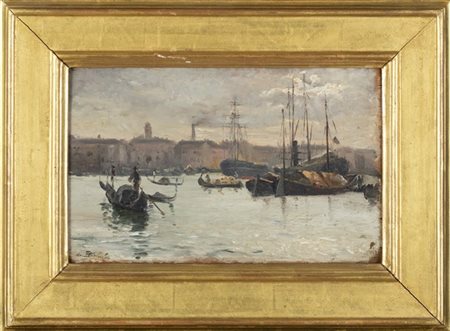 Leopoldo Burlando "Scorcio di Venezia" olio su compensato (cm 17x27) firmato in