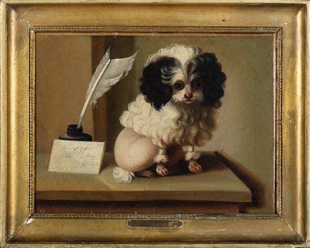 Jean-Jacques Bachelier (attribuito) "Ritratto di cane su scrittoio" olio su tel