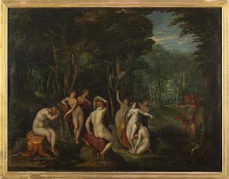 Scuola fiamminga del secolo XVII "Diana e Atteone" olio su tavola (cm 86x65). I