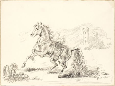 GIORGIO DE CHIRICO (Volo, 1888 - Roma, 1978): Cavallo con torre