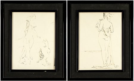 ENNIO CALABRIA (Tripoli, 1937): Lotto composto da due disegni rappresentanti due nudi femminili