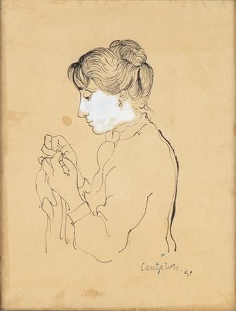 DOMENICO CANTATORE (Ruvo di Puglia, 1906- Parigi, 1998): Donna di profilo che cuce, 1951