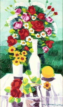 ATHOS FACCINCANI (Peschiera del Garda, 1951): Bottiglia con armonia di fiori, 2000