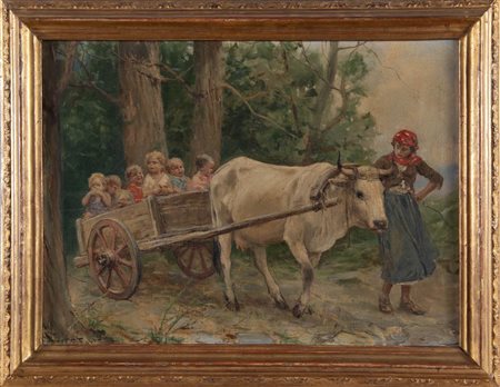 Fabio Fabbi (Bologna, 1861 - 1946), “Bambini sul carretto”.