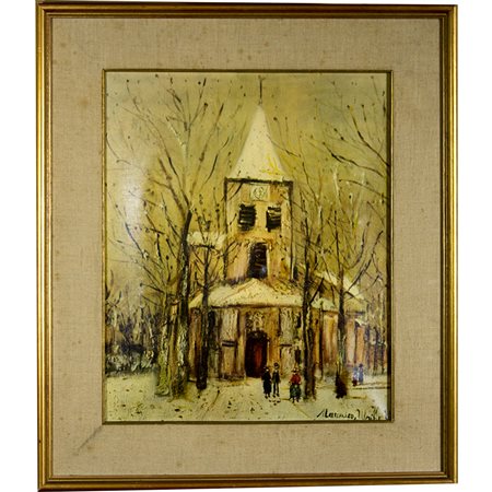 Stampa artistica su tela riproduzione de 'Eglise de Bourgogne' di M. Utrillo, cm 36x45