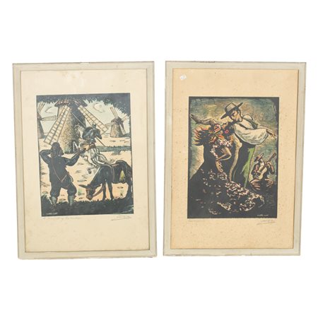 Coppia di stampe xilografiche raffiguranti 'Don Chisciotte nei mulini a vento' e 'Andalusia'