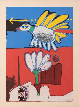 Guillaume  Corneille   (Liegi, 1922 -  Auvers-sur-Oise, 2010) 
Composizione con figura femminile, fiore e uccello 
Serigrafia 80x60 cm e 85x65