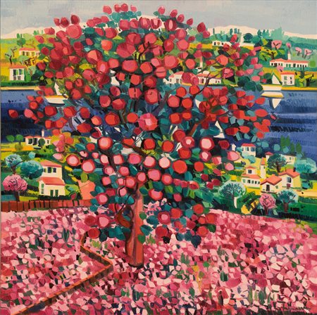 Athos Faccincani  ( Peschiera del Garda, 1951 - ) 
Albero di rose rosa in tappeto di petali 1995
Olio su tela cm 150x150