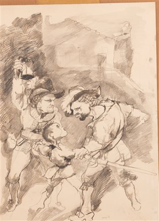 Ugo Attardi  (Genova, 12/03/1923 - Roma, 21/07/2006) 
I bravi e il piccolo Menico 
Disegno a matita e inchiostro su carta 70x50cm e 91x72 cm