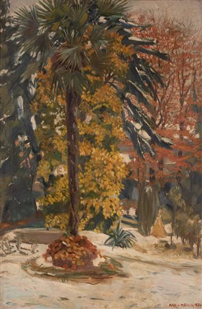 Mario Menin  (Padova, 1896  - Lissone, 1962) 
Giardino innevato 1924
Olio su tela cm 100x66 e cm 110x 78 