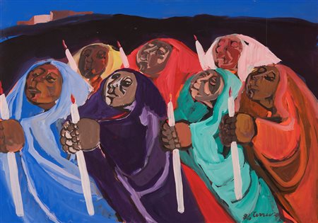 Saverio Terruso  (Monreale, 11/01/1939 - Milano, 03/03/2003) Donne in processione 1974Olio su tavola cm 50x70 e cm 71x92