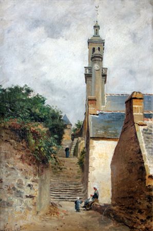 CARTIER Karl (1855 - 1925) Chiesina di villaggio bretone olio su tela cm....