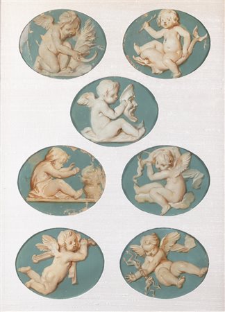 Scuola neoclassica - Sette miniature en grisaille raffiguranti amorini, montate in un unico passepartout