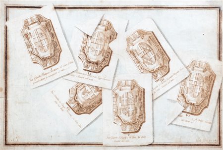 Scuola italiana, secolo XVIII - Trompe-l'œil con stemmi nobiliari di Gran Maestri