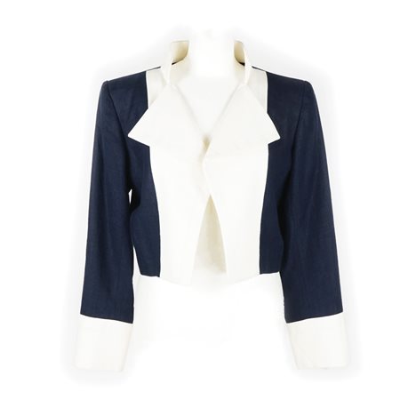 Yves Saint Laurent giacca in lino blu con collo e polsi in lino bianco; ampi...