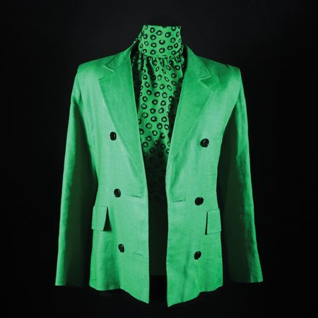 Givenchy blazer doppio petto di lino verde prato con martingala; completa di...