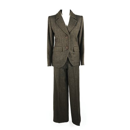 Yves Saint Laurent tailleur in lana spinata marrone e nera composto da giacca...