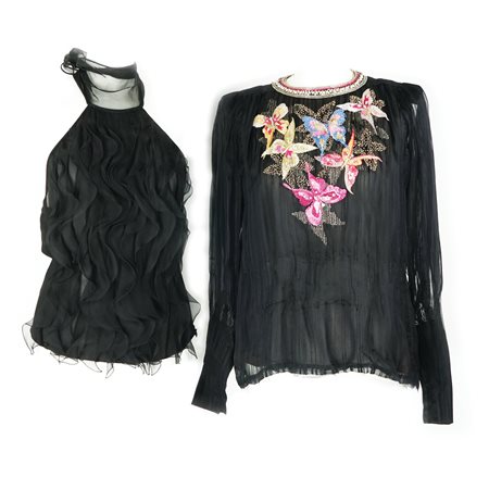 Emanuel Ungaro camicia di seta nera con paillettes multicolor ricamate a...