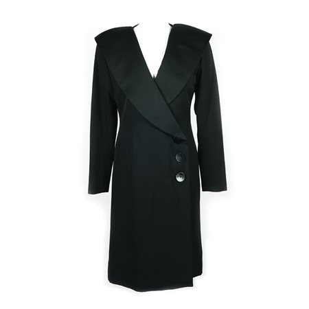 Yves Saint Laurent robe manteau in lana e raso nero, tg. 34