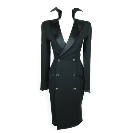 Thierry Mugler robe manteau in lana, seta e pvc nero, tg. 36