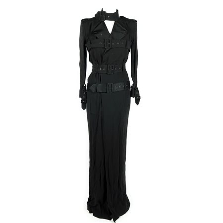 Jean Paul Gaultier maxi abito chemisier in misto rayon nero con cinture che...