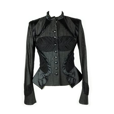 Alexander McQueen giacca in misto seta e pelle nera con collo alla coreana,...