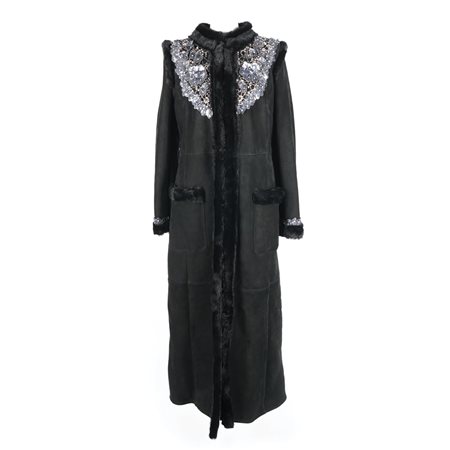 Valentino maxi cappotto di montone e visone nero con applicazioni floreali di...