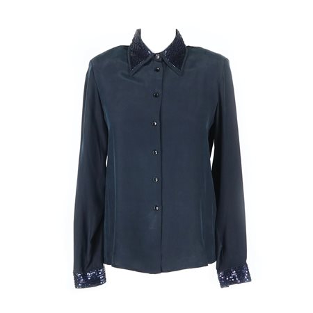 Jones New York camicia di seta blu con collo e polsini di paillettes blu, tg. 4