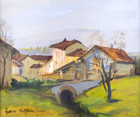 FELICE VELLAN<BR>Torino 1889 - 1976<BR>"Paesaggio con ponte e case" 1954