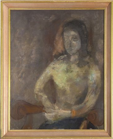 Firma indecifrata "Ritratto femminile" 1963 olio su compensato (cm 74x59) firma