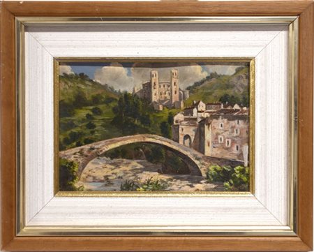 Firma indecifrata "Scorcio di paese con ponte" olio su carta (cm 15x22) Firmato