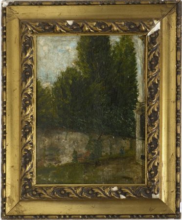 Ignoto del XIX Secolo "Scorcio con alberi" olio su tavola (cm 25x19) Siglato e