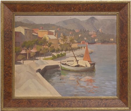 Ignoto "Scorcio di lago con barca" olio su compensato (cn 48x60) Al retro dipin