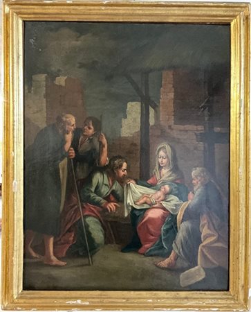 Ignoto, antico dipinto raffigurante "L'Adorazione dei pastori", olio su tela (c