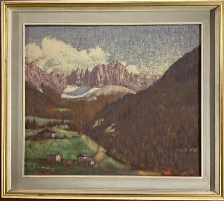 Firma indecifrata "Paesaggio montano col gruppo Brenta" olio su masonite (cm 50