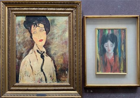 Lotto composto da una copia da Modigliani e un olio su tela raffigurante ragazz