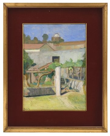 Giuseppe Belotti "Il cortile" olio su cartone telato (cm 40x30) Firmato in basso