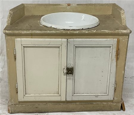 Lavabo con mobile in legno verniciato bianco e vasca in ceramica. (cm 88x75x50)