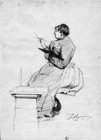 Signorini, Telemaco(Firenze 1835 - 1901)ARTISTA AL CAVALLETTOPenna nera su...