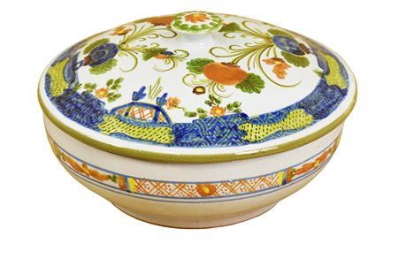 SCATOLA IN MAIOLICA faentina marchio Bandini decorata con motivi floreali h...