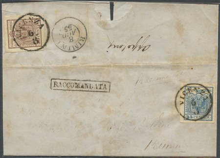 06.08.1855, Lettera raccomandata da Vicenza per Rimini affrancata per 75c.