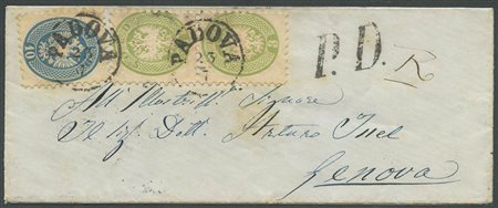 23.7.1864, Lettera da Padova per Genova affrancata per 16 soldi  tramite N,42 x2 ed un N.44. (A+) (350++)