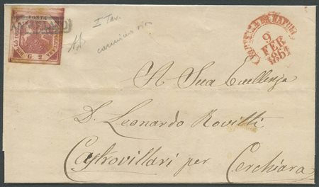9.2.1861, Lettera da Napoli per Castrovillari affrancata tramite un 2gr. Carminio Cupo N.5e con evidente doppia incisione sia della parte sinistra che dell'indicazione del valore. (A) (A.Diena) (Cat.550++)