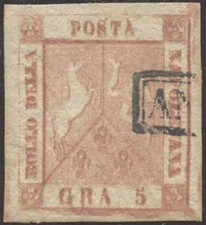 1858, 5gr. Rosa Brunastro con doppia incisione N.8e. (A+) (A.Diena, Cert. Bolaffi) (Cat.200)