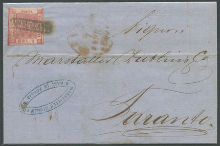 7.4.1859, Lettera da Bari per Taranto affrancata tramite un 5gr. Carminio Rosa N.9. (A+) (1050)